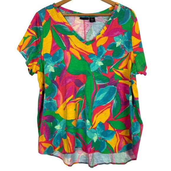 Tahari Womens Multicolor Tropical Print Top Size 2X V-Neck Short Sleeve Cotton - Picture 1 of 9